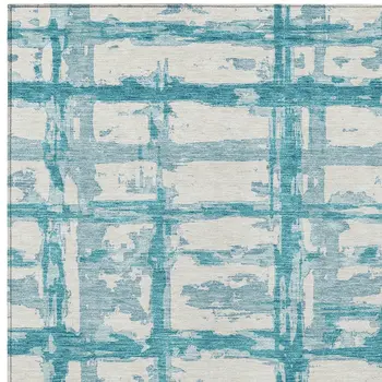 8' X 10' Teal Blue Aqua And Ivory Striped Washable Indoor Outdoor Area Rug