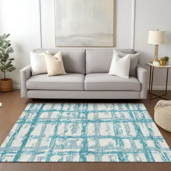 8' X 10' Teal Blue Aqua And Ivory Striped Washable Indoor Outdoor Area Rug
