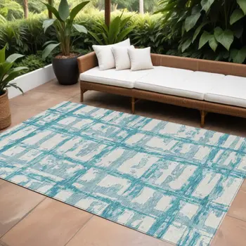 10' X 14' Teal Blue Aqua And Ivory Striped Washable Indoor Outdoor Area Rug