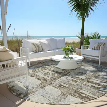 8' Taupe Gray And Brown Round Striped Washable Indoor Outdoor Area Rug