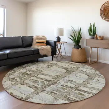 8' Taupe Gray And Brown Round Striped Washable Indoor Outdoor Area Rug