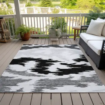 5' X 8' Black Gray And Silver Abstract Washable Indoor Outdoor Area Rug