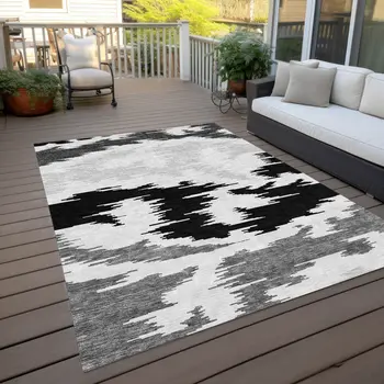 5' X 8' Black Gray And Silver Abstract Washable Indoor Outdoor Area Rug