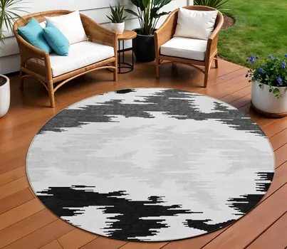 8' Black Gray And Silver Round Abstract Washable Indoor Outdoor Area Rug