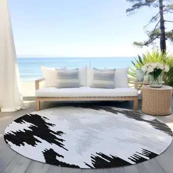 8' Black Gray And Silver Round Abstract Washable Indoor Outdoor Area Rug
