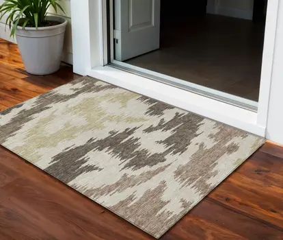 3' X 5' Chocolate Beige And Gold Abstract Washable Indoor Outdoor Area Rug