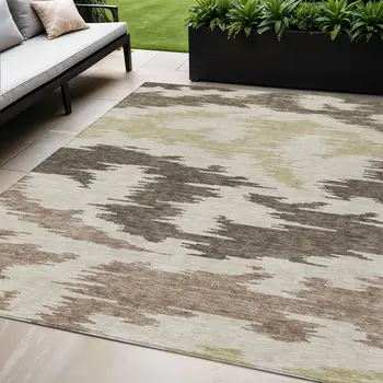 5' X 8' Chocolate Beige And Gold Abstract Washable Indoor Outdoor Area Rug