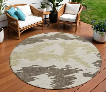 8' Chocolate Beige And Gold Round Abstract Washable Indoor Outdoor Area Rug