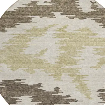 8' Chocolate Beige And Gold Round Abstract Washable Indoor Outdoor Area Rug