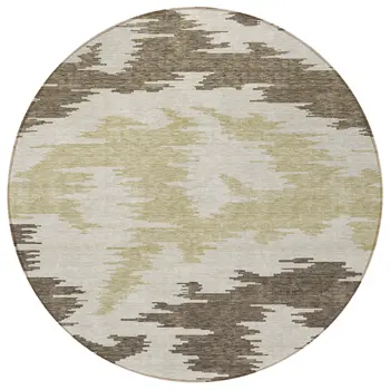 8' Chocolate Beige And Gold Round Abstract Washable Indoor Outdoor Area Rug