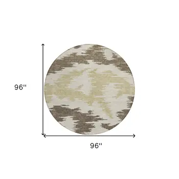 8' Chocolate Beige And Gold Round Abstract Washable Indoor Outdoor Area Rug