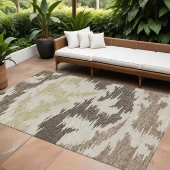 8' X 10' Chocolate Beige And Gold Abstract Washable Indoor Outdoor Area Rug