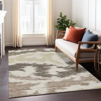 9' X 12' Chocolate Beige And Gold Abstract Washable Indoor Outdoor Area Rug