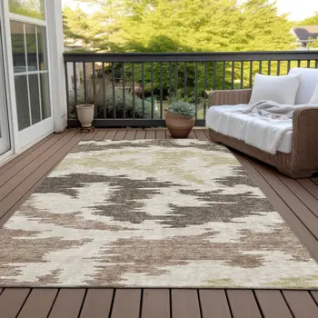 10' X 14' Chocolate Beige And Gold Abstract Washable Indoor Outdoor Area Rug