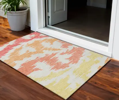 3' X 5' Coral Beige And Orange Abstract Washable Indoor Outdoor Area Rug
