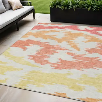 5' X 8' Coral Beige And Orange Abstract Washable Indoor Outdoor Area Rug