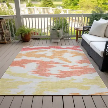 5' X 8' Coral Beige And Orange Abstract Washable Indoor Outdoor Area Rug