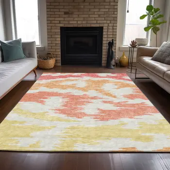 5' X 8' Coral Beige And Orange Abstract Washable Indoor Outdoor Area Rug
