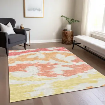 5' X 8' Coral Beige And Orange Abstract Washable Indoor Outdoor Area Rug