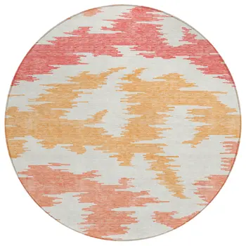 8' Coral Beige And Orange Round Abstract Washable Indoor Outdoor Area Rug