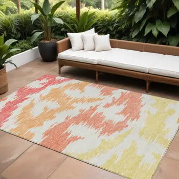 10' X 14' Coral Beige And Orange Abstract Washable Indoor Outdoor Area Rug