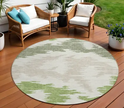 8' Olive Green And Beige Round Abstract Washable Indoor Outdoor Area Rug