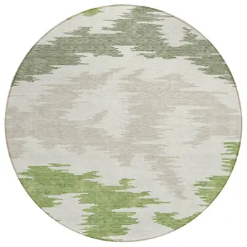 8' Olive Green And Beige Round Abstract Washable Indoor Outdoor Area Rug