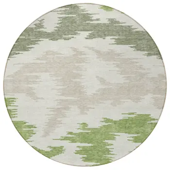 8' Olive Green And Beige Round Abstract Washable Indoor Outdoor Area Rug
