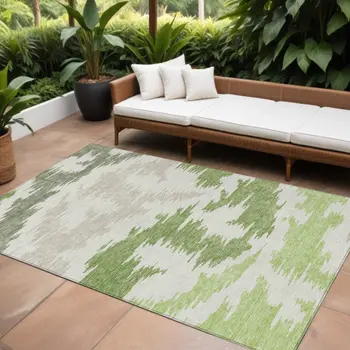 8' X 10' Olive Green And Beige Abstract Washable Indoor Outdoor Area Rug