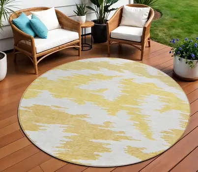 8' Gold Beige And Wheat Round Abstract Washable Indoor Outdoor Area Rug
