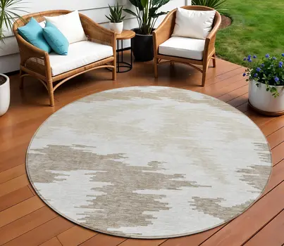 8' Ivory Beige And Brown Round Abstract Washable Indoor Outdoor Area Rug