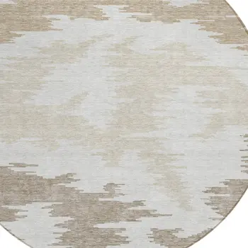8' Ivory Beige And Brown Round Abstract Washable Indoor Outdoor Area Rug