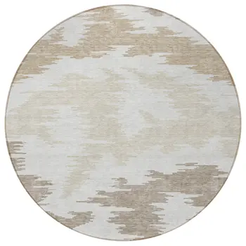 8' Ivory Beige And Brown Round Abstract Washable Indoor Outdoor Area Rug