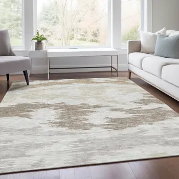 8' X 10' Ivory Beige And Brown Abstract Washable Indoor Outdoor Area Rug