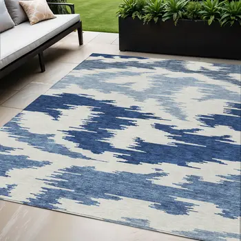 5' X 8' Navy Blue And Denim Blue Abstract Washable Indoor Outdoor Area Rug