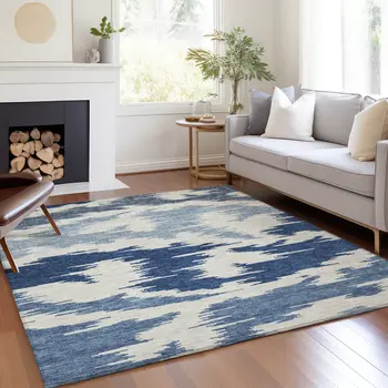 5' X 8' Navy Blue And Denim Blue Abstract Washable Indoor Outdoor Area Rug