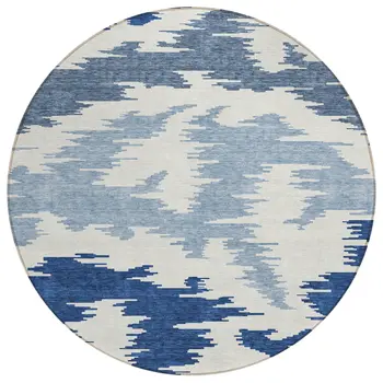 8' Navy Blue And Denim Blue Round Abstract Washable Indoor Outdoor Area Rug