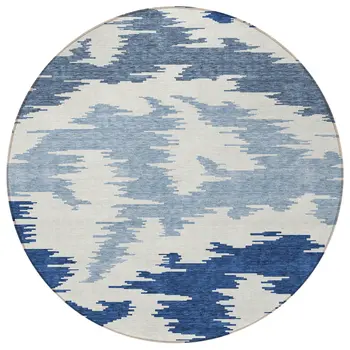8' Navy Blue And Denim Blue Round Abstract Washable Indoor Outdoor Area Rug