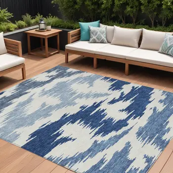 10' X 14' Navy Blue And Denim Blue Abstract Washable Indoor Outdoor Area Rug