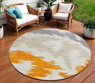 8' Orange Beige And Ivory Round Abstract Washable Indoor Outdoor Area Rug