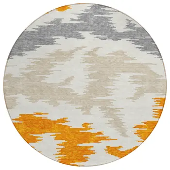 8' Orange Beige And Ivory Round Abstract Washable Indoor Outdoor Area Rug