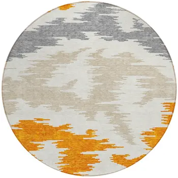 8' Orange Beige And Ivory Round Abstract Washable Indoor Outdoor Area Rug