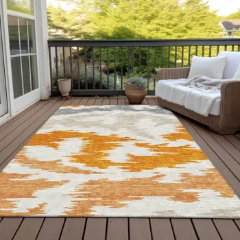 10' X 14' Orange Beige And Ivory Abstract Washable Indoor Outdoor Area Rug