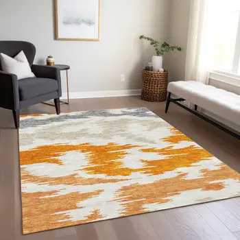 10' X 14' Orange Beige And Ivory Abstract Washable Indoor Outdoor Area Rug