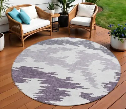 8' Purple Lavender And Ivory Round Abstract Washable Indoor Outdoor Area Rug