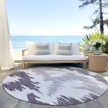 8' Purple Lavender And Ivory Round Abstract Washable Indoor Outdoor Area Rug