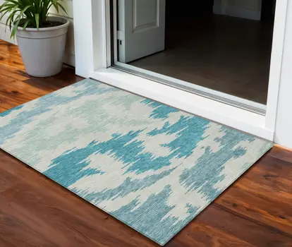3' X 5' Teal Blue Aqua And Ivory Abstract Washable Indoor Outdoor Area Rug