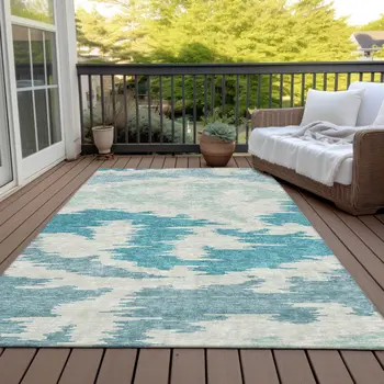 3' X 5' Teal Blue Aqua And Ivory Abstract Washable Indoor Outdoor Area Rug