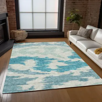 3' X 5' Teal Blue Aqua And Ivory Abstract Washable Indoor Outdoor Area Rug