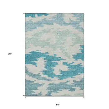 5' X 8' Teal Blue Aqua And Ivory Abstract Washable Indoor Outdoor Area Rug